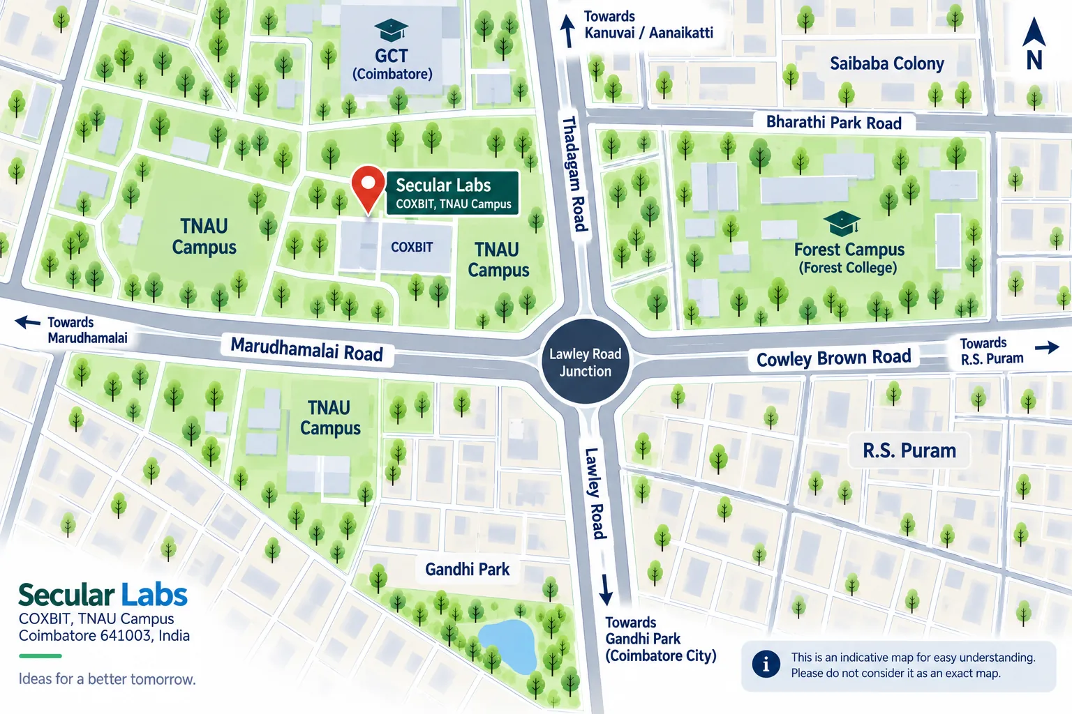Indicative map showing Secular Labs at COXBIT, TNAU Campus, Coimbatore — near Lawley Road Junction, with directions to Gandhipark, R.S. Puram, and Marudhamalai Road.