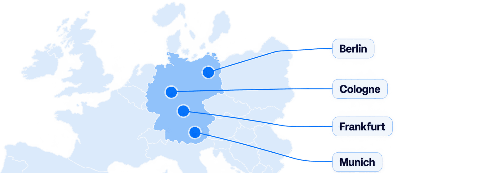 Map of Germany showing Secular Labs' Europe meeting locations: Berlin, Cologne, Frankfurt, and Munich